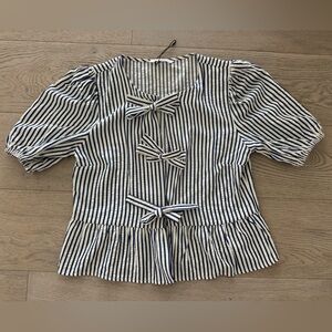 Stradivarius Striped Blouse with Tie Bows Navy Blue and White size M